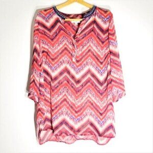 John Paul Richard Boho Red Navy V Neck Beaded Peasant Tunic Top PLUS